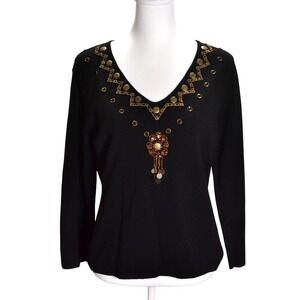Carducci Glam‎ Retro Evening Date Night Winter Embellished Knit V-Neck Top Black